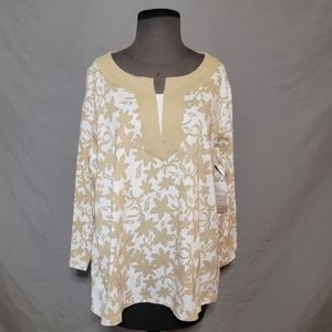 𝅺WHITE STAG NWT Tan and White Floral Print Long Sleeve Top - XL